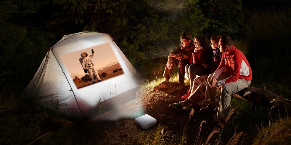 A mini projector like EZCast Beam J4 will be the best companion for your adventures. 