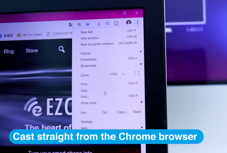 Use Cast to share the browser tab to a Chromecast or EZCast.
